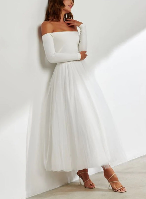 Off-the-Shoulder Ball-Gown Long Sleeves Wedding Dresses for Reception-Dbrbridal