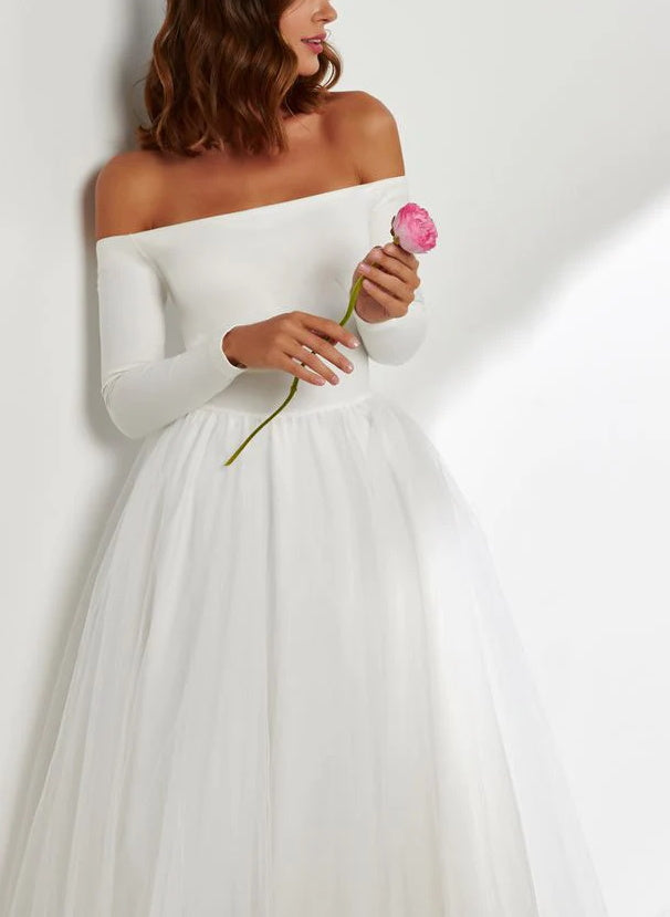 Off-the-Shoulder Ball-Gown Long Sleeves Wedding Dresses for Reception-Dbrbridal