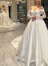 Off-The-Shoulder Ball-Gown Satin Wedding Dresses Long Sleeves-Dbrbridal