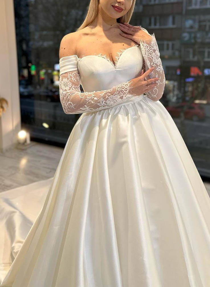 Off-The-Shoulder Ball-Gown Satin Wedding Dresses Long Sleeves-Dbrbridal