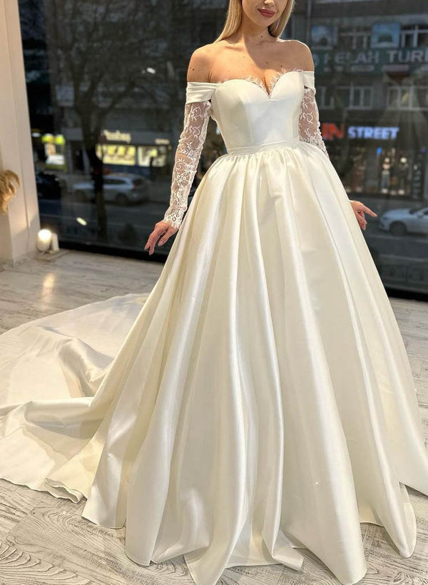 Off-The-Shoulder Ball-Gown Satin Wedding Dresses Long Sleeves-Dbrbridal