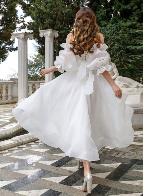 Off-The-Shoulder Ball-Gown Wedding Dresses Pleated Tulle Half Sleeves-Dbrbridal