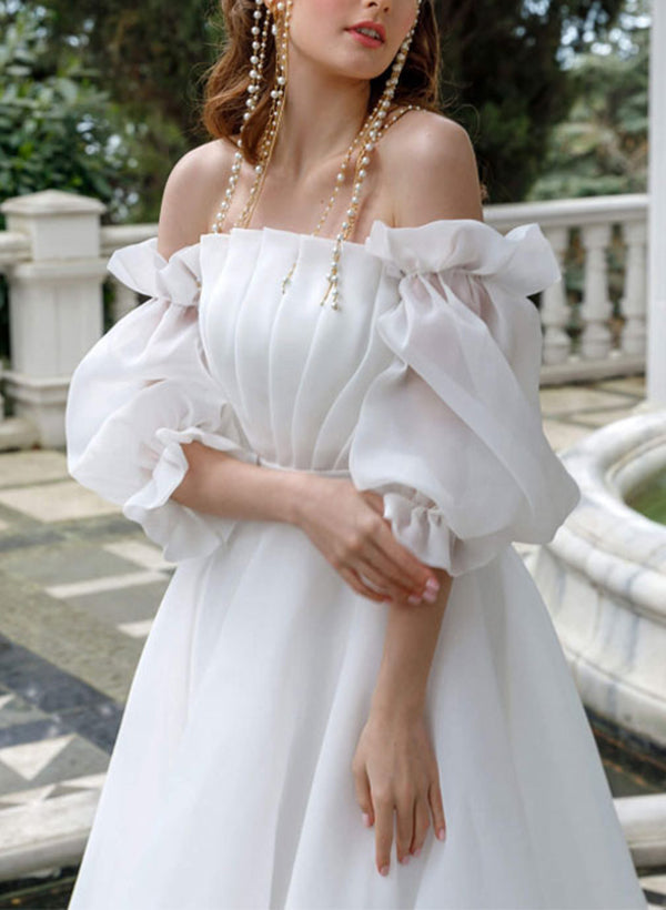 Off-The-Shoulder Ball-Gown Wedding Dresses Pleated Tulle Half Sleeves-Dbrbridal