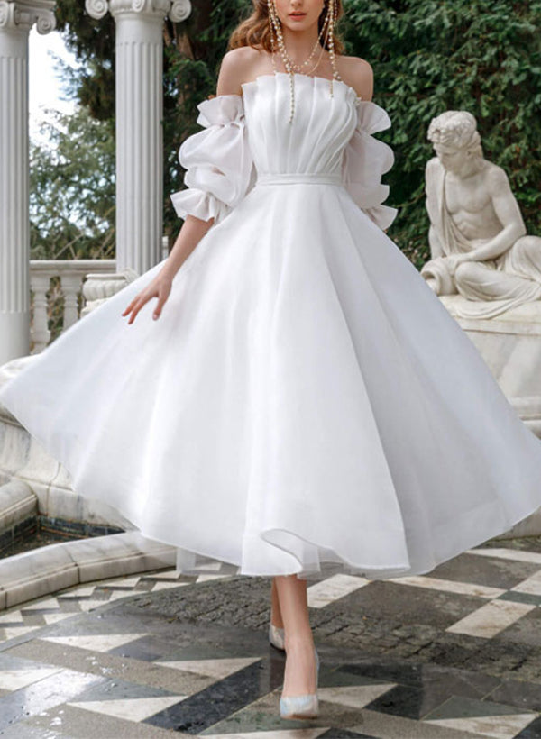 Off-The-Shoulder Ball-Gown Wedding Dresses Pleated Tulle Half Sleeves-Dbrbridal