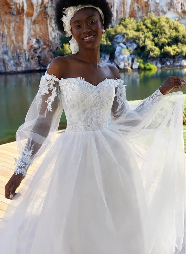 Off-the-Shoulder Boho Garden Lace Long Sleeves Wedding Dresses-Dbrbridal