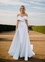 Off-The-Shoulder Boho Garden Reception Wedding Dress Satin Sweep Train-Dbrbridal