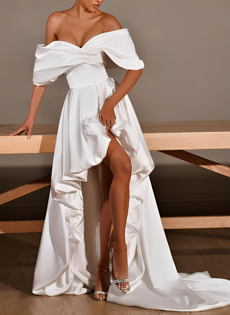 Off-The-Shoulder Chic A-line Charmeuse Wedding Dress Long Sleeves Asymmetrical Hem-Dbrbridal