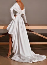 Off-The-Shoulder Chic A-line Charmeuse Wedding Dress Long Sleeves Asymmetrical Hem-Dbrbridal