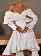 Off-The-Shoulder Chic A-line Charmeuse Wedding Dress Long Sleeves Asymmetrical Hem-Dbrbridal