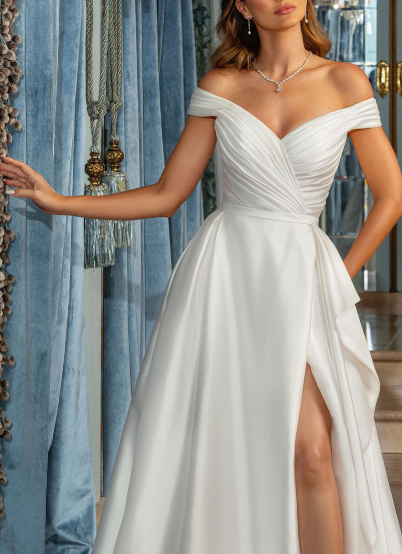 Off-The-Shoulder Chic A-line Pleated Wedding Dress Split Front-Dbrbridal