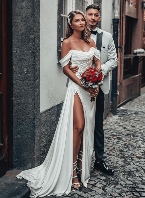 Off-The-Shoulder Chic A-line Satin Wedding Dresses Split Front-Dbrbridal