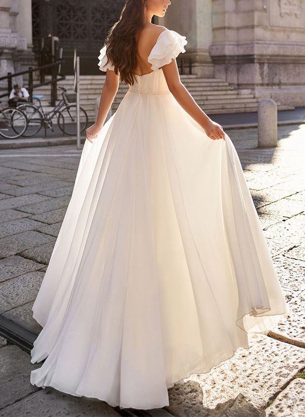 Off-The-Shoulder Chic A-line Short Sleeves Sweep Train Chiffon Wedding Dresses-Dbrbridal