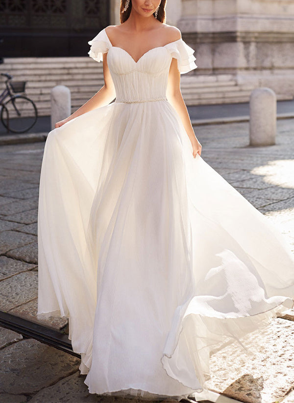 Off-The-Shoulder Chic A-line Short Sleeves Sweep Train Chiffon Wedding Dresses-Dbrbridal