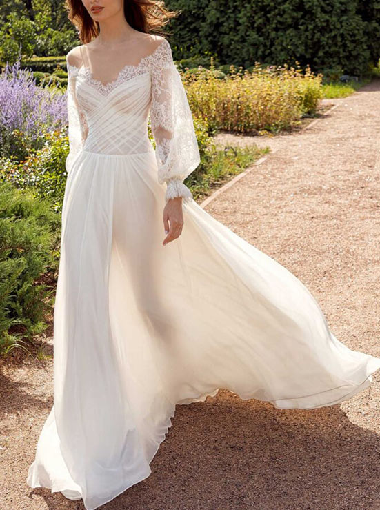 Off-the-Shoulder Chic A-line Wedding Dress Long Sleeves Pleating-Dbrbridal