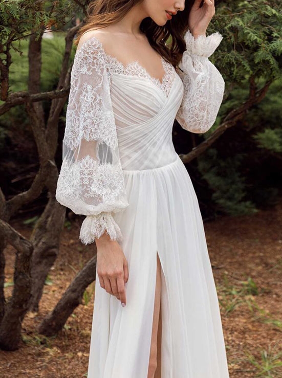 Off-the-Shoulder Chic A-line Wedding Dress Long Sleeves Pleating-Dbrbridal