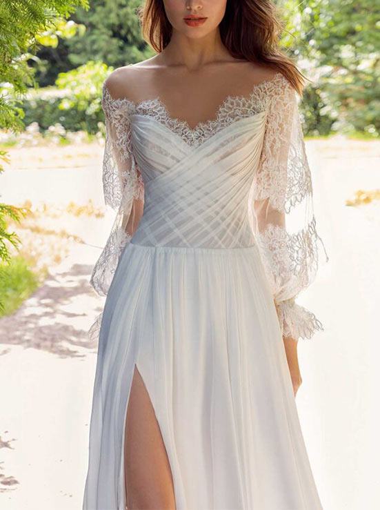 Off-the-Shoulder Chic A-line Wedding Dress Long Sleeves Pleating-Dbrbridal