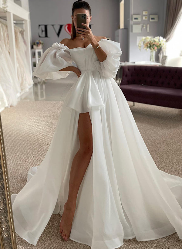 Off-The-Shoulder Chic A-line Wedding Dress Split Front Half Sleeves-Dbrbridal