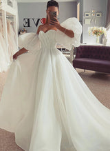 Off-The-Shoulder Chic A-line Wedding Dress Split Front Half Sleeves-Dbrbridal