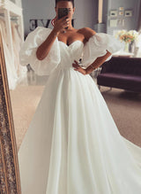 Off-The-Shoulder Chic A-line Wedding Dress Split Front Half Sleeves-Dbrbridal