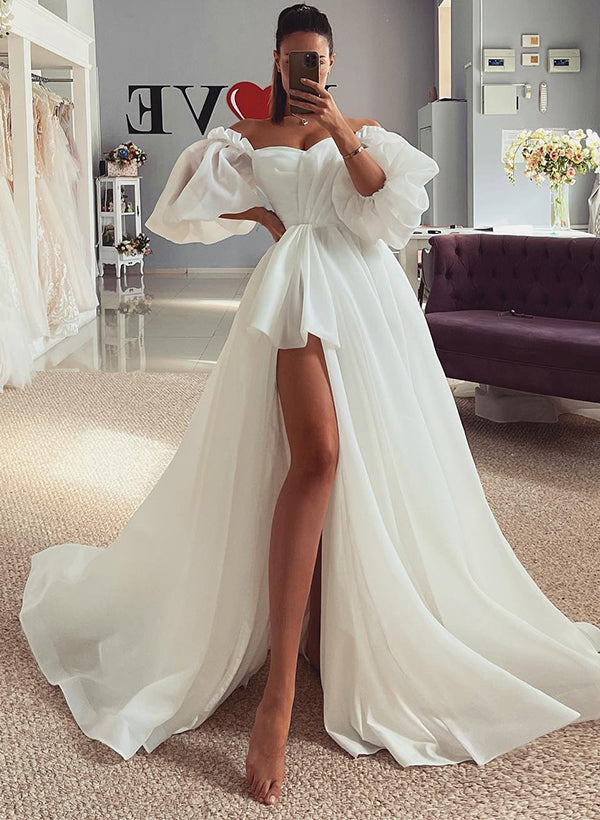 Off-The-Shoulder Chic A-line Wedding Dress Split Front Half Sleeves-Dbrbridal