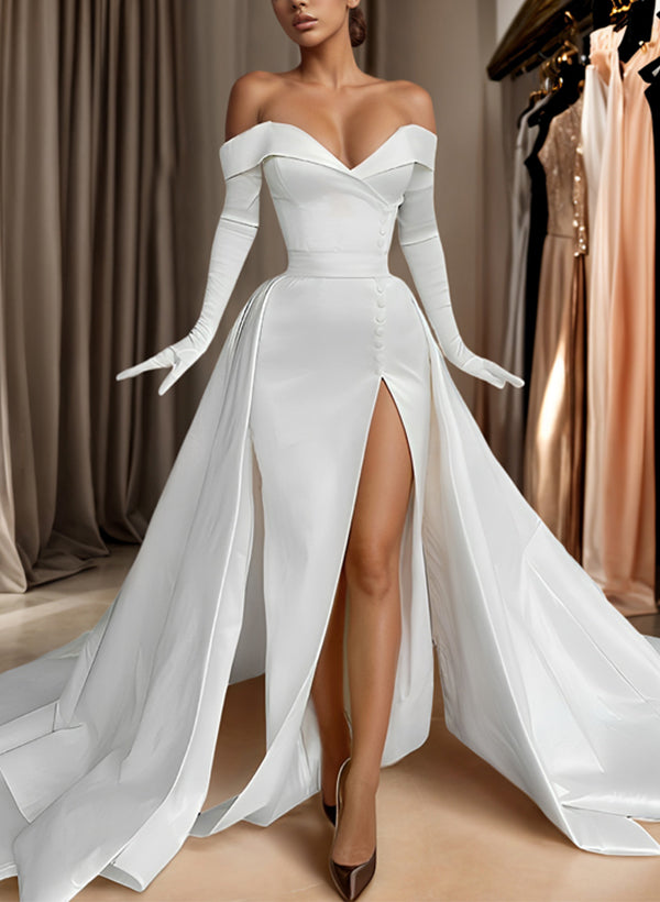 Off-The-Shoulder Court Train Satin Wedding Dresses Detachable Train-Dbrbridal