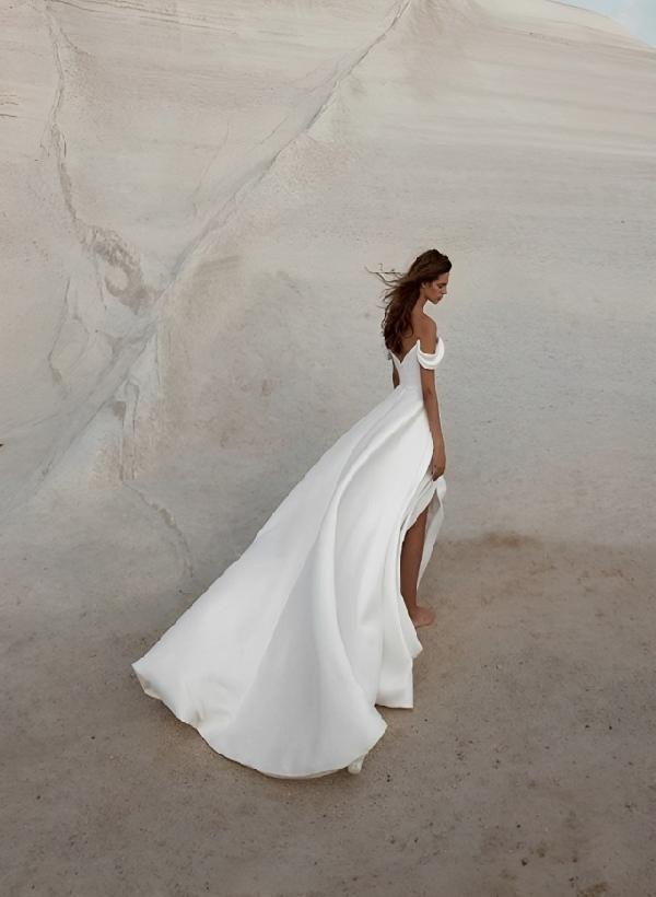 Off The Shoulder Court Train Wedding Dress Split Front-Dbrbridal