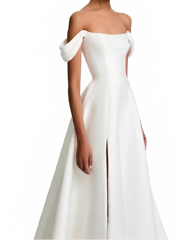 Off The Shoulder Court Train Wedding Dress Split Front-Dbrbridal