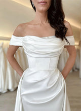 Off-The-Shoulder Cowl Neck Satin Wedding Dresses-Dbrbridal