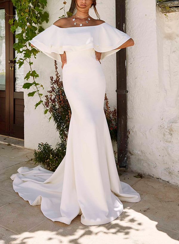 Off-The-Shoulder Elastic Satin Mermaid Fitted Wedding Dresses-Dbrbridal