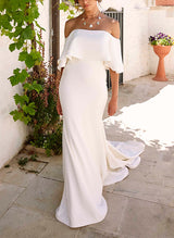 Off-The-Shoulder Elastic Satin Mermaid Fitted Wedding Dresses-Dbrbridal