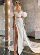 Off-The-Shoulder High Slit Wedding Dresses Beaded-Dbrbridal