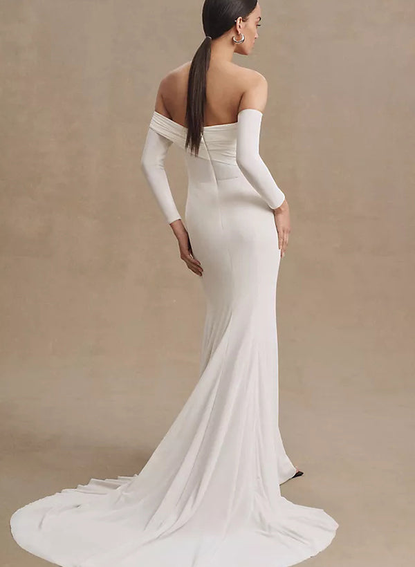 Off-the-Shoulder Jersey Wedding Dresses 3 4 Sleeves-Dbrbridal