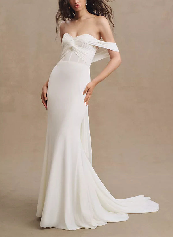 Off-The-Shoulder Jersey Wedding Dresses Bows-Dbrbridal