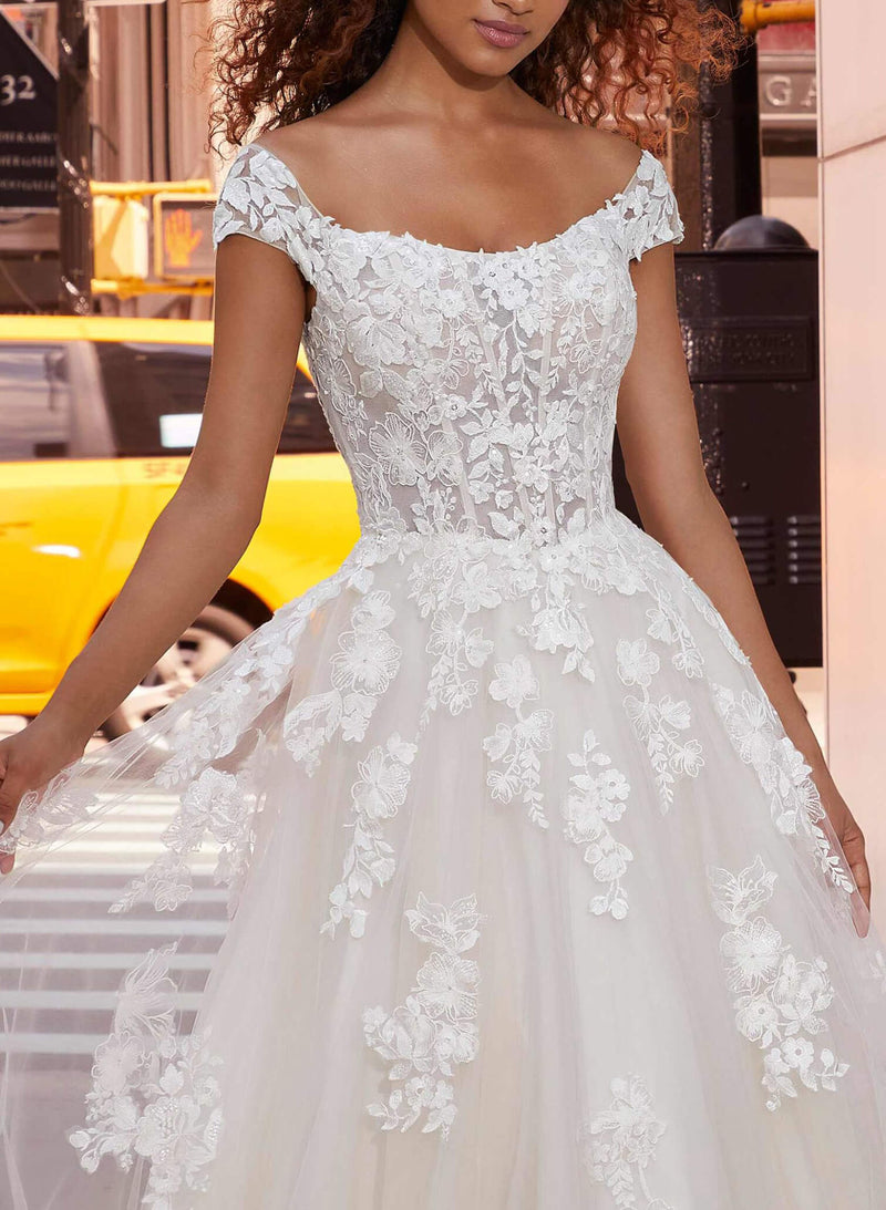 Off-the-Shoulder Lace Ball-Gown Wedding Dresses-Dbrbridal