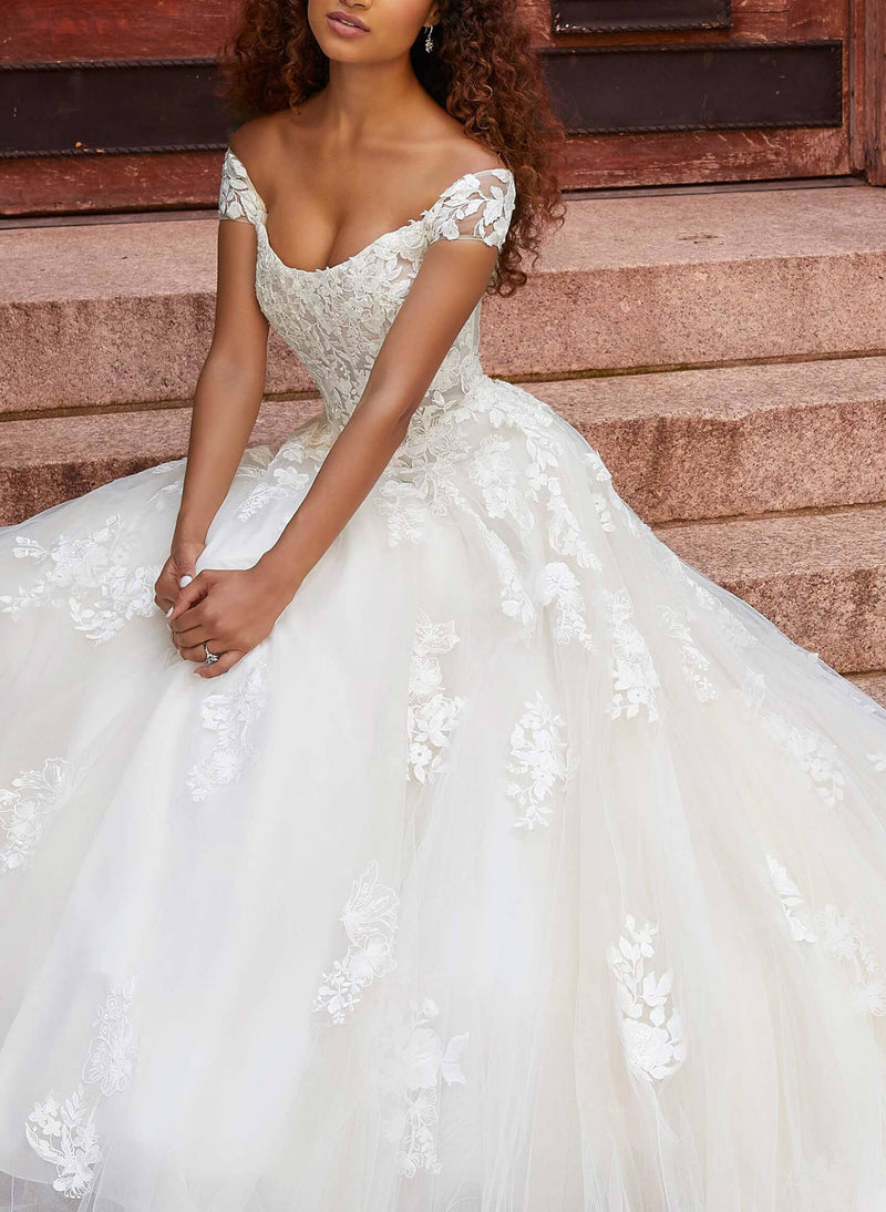 Off-the-Shoulder Lace Ball-Gown Wedding Dresses-Dbrbridal