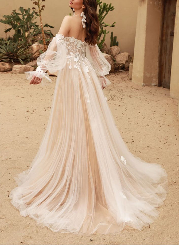 Off-the-Shoulder Lace Tulle Wedding Dresses Detachable Sleeve-Dbrbridal