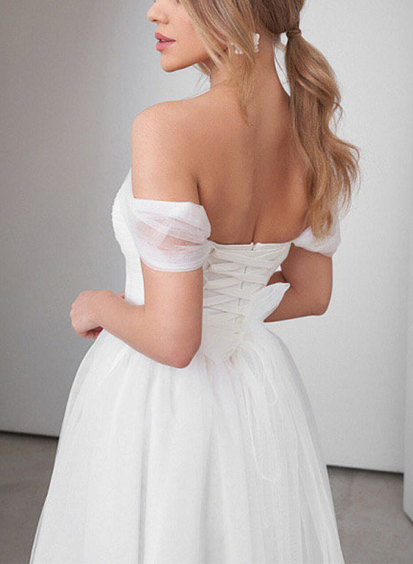 Off-The-Shoulder Little White Tulle Wedding Dresses-Dbrbridal