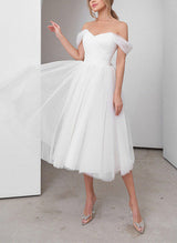 Off-The-Shoulder Little White Tulle Wedding Dresses-Dbrbridal