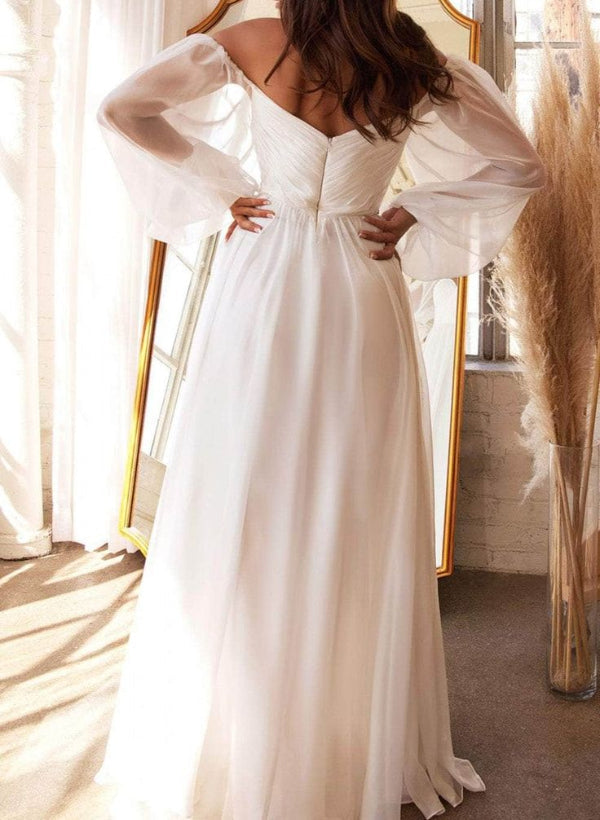 Off-the-Shoulder Long Sleeves Chiffon Floor-Length Wedding Dress-Dbrbridal