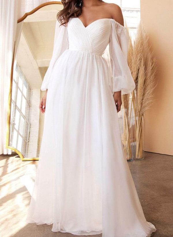 Off-the-Shoulder Long Sleeves Chiffon Floor-Length Wedding Dress-Dbrbridal