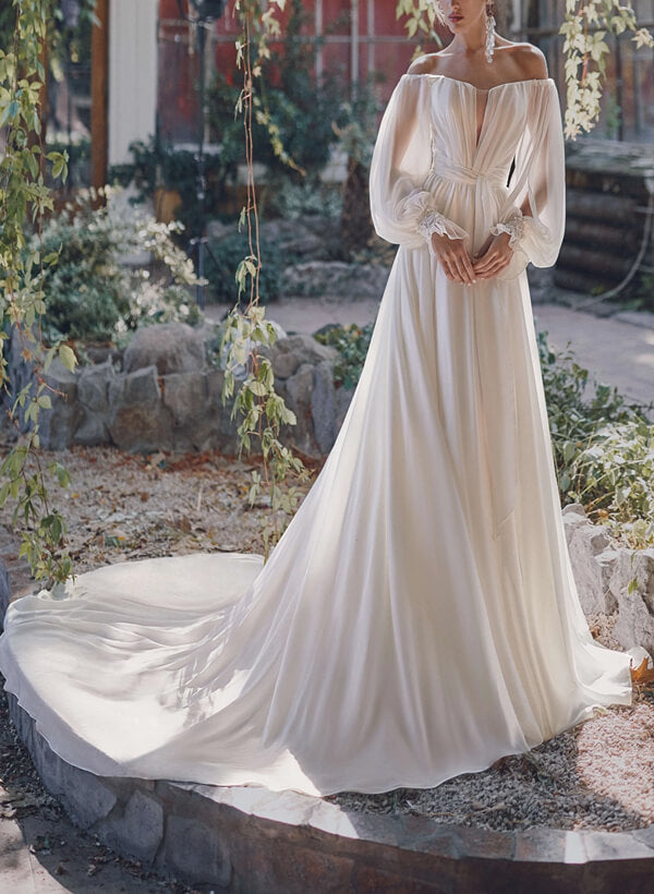 Off-the-Shoulder Long Sleeves Chiffon Sweep Train Wedding Dress-Dbrbridal