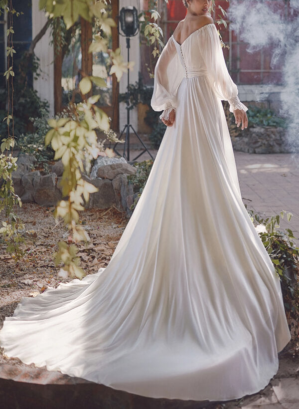 Off-the-Shoulder Long Sleeves Chiffon Sweep Train Wedding Dress-Dbrbridal