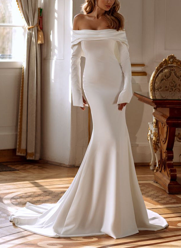 Off-The-Shoulder Long Sleeves Elastic Satin Wedding Dress-Dbrbridal