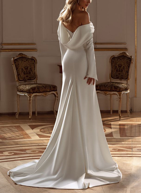 Off-The-Shoulder Long Sleeves Elastic Satin Wedding Dress-Dbrbridal