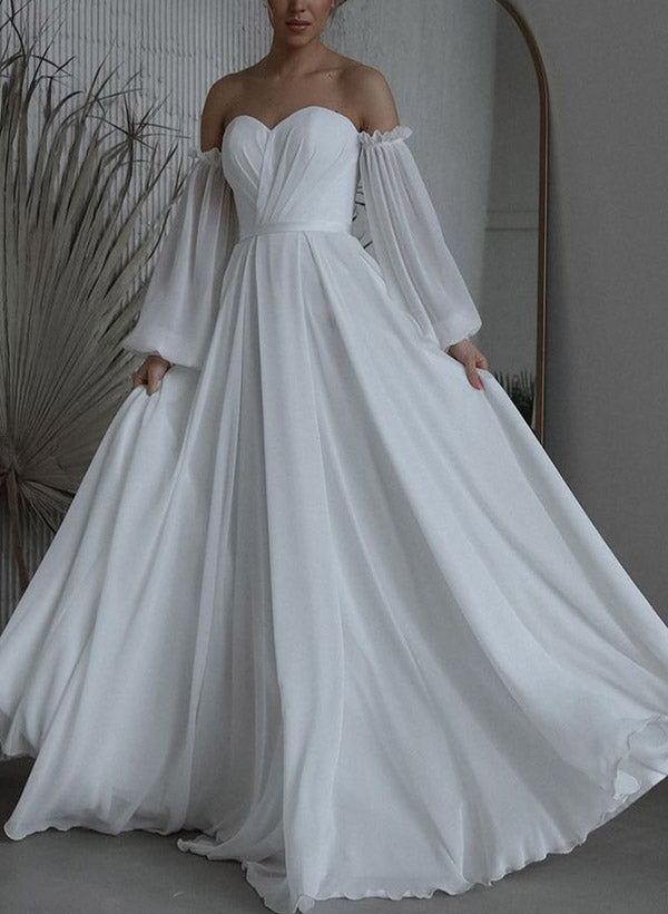 Off-The-Shoulder Long Sleeves Floor-Length Tulle Wedding Dresses-Dbrbridal