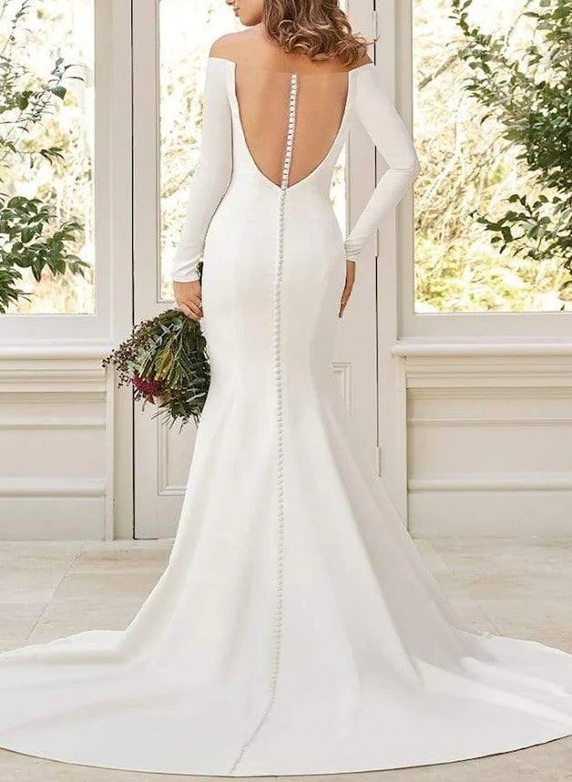 Off-The-Shoulder Long Sleeves Mermaid Fitted Wedding Dresses Featuring Elastic Satin-Dbrbridal