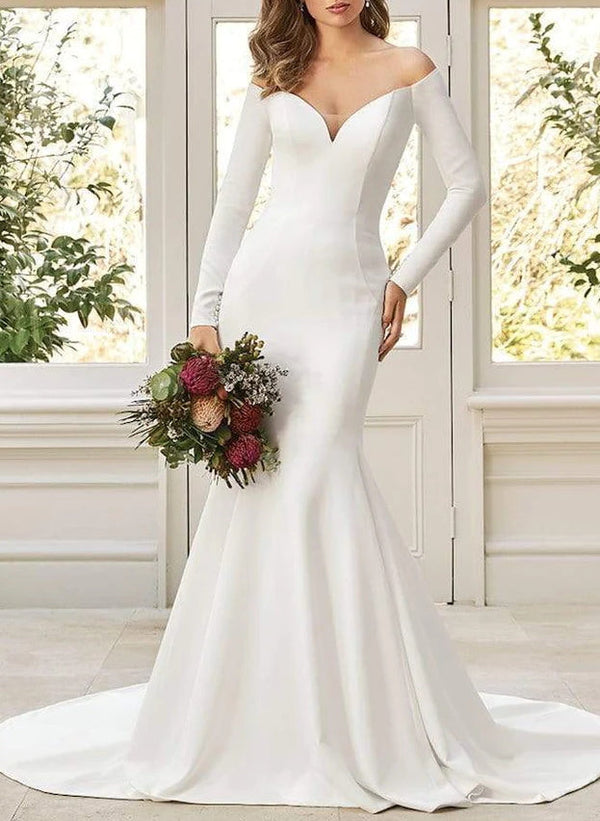 Off-The-Shoulder Long Sleeves Mermaid Fitted Wedding Dresses Featuring Elastic Satin-Dbrbridal