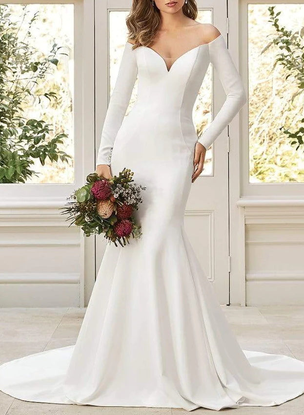 Off-The-Shoulder Long Sleeves Mermaid Fitted Wedding Dresses Featuring Elastic Satin-Dbrbridal