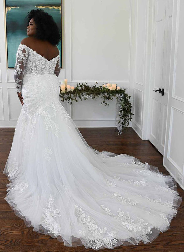 Off-the-Shoulder Long Sleeves Mermaid Fitted Wedding Dresses for Plus Size-Dbrbridal