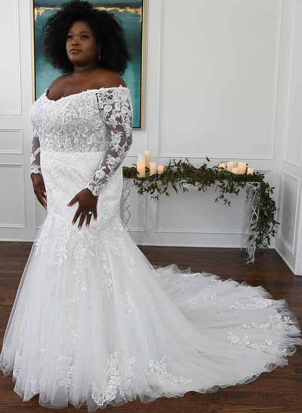 Off-the-Shoulder Long Sleeves Mermaid Fitted Wedding Dresses for Plus Size-Dbrbridal